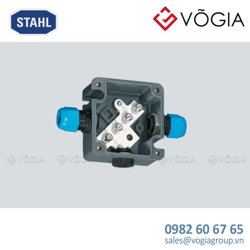 Hộp đấu nối GRP chống cháy nổ Ex i junction box, Polyester resin, 2 x M20 x 15 Polyamide cable gland, blue, 4 - 13 mm, 1 x M20 x 15 Polyamide stopping plug, 4 x Mantle terminal 4 mm², Zone 1, 2, 21, 22 - 8118/211-401